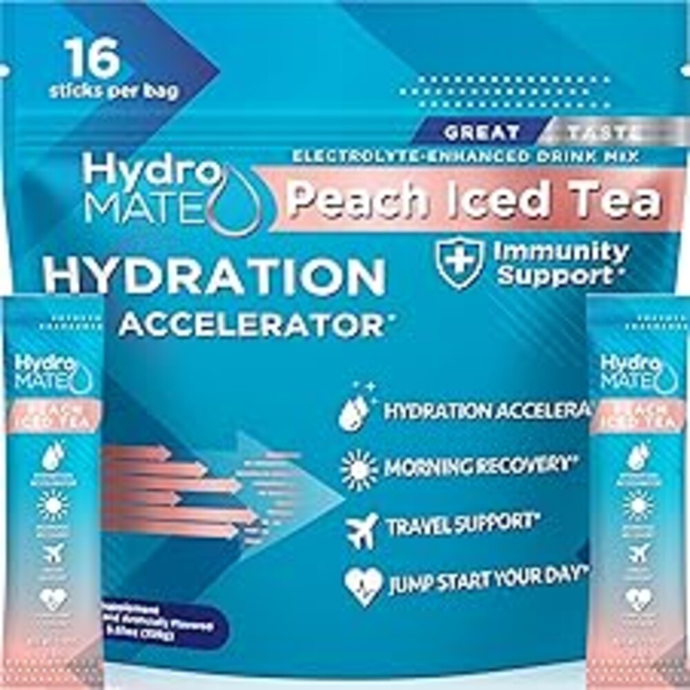 HydroMATE Electrolyte Powder Peach Tea Hydration Packets Low Sugar 16 Count