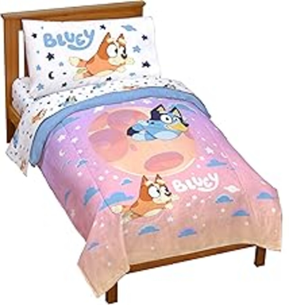 Jay Franco Bluey & Bingo Toddler Comforter Set - 4 Piece Bed Set Includes Sheet Set & Pillow Covers - Super Soft Clouds & Stars Kids Bedding