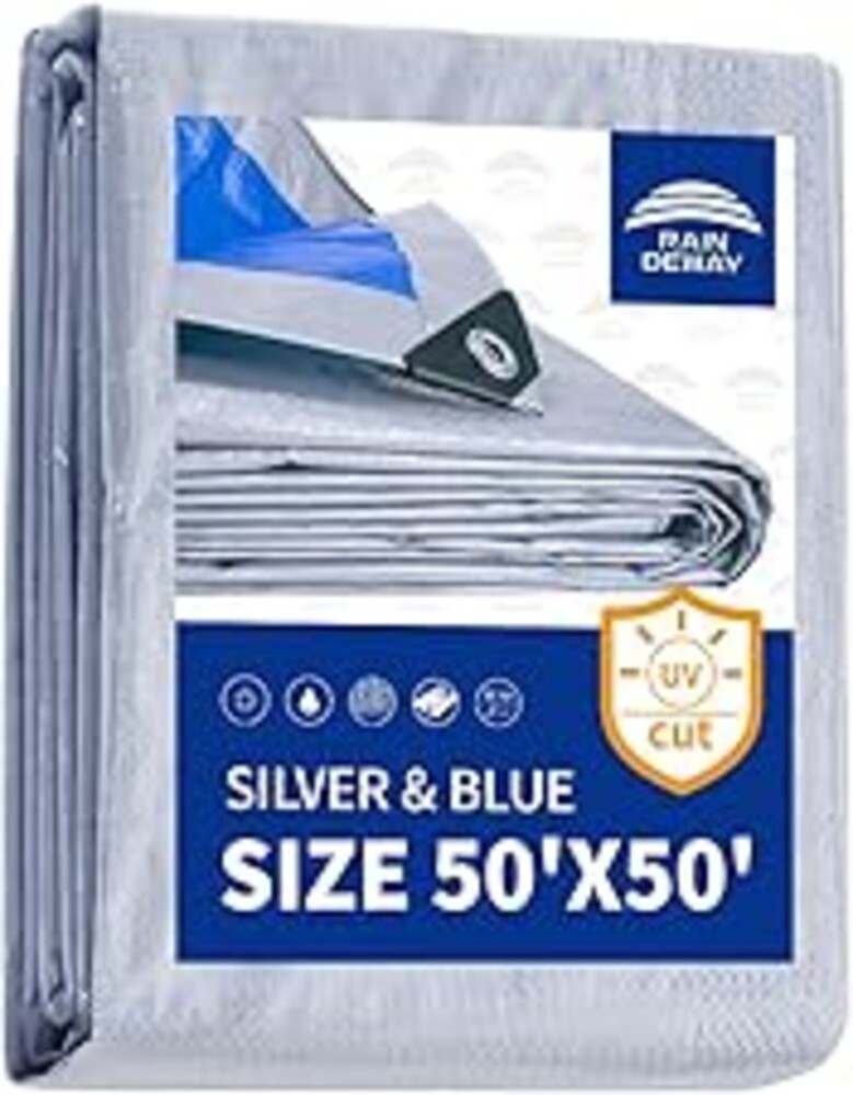 RAINDEWAY Large Tarps 50x50 Feet, 5.5 Mil - Multipurpose Waterproof Poly Tarp Cover with Metal Grommets and Reinforced Edges, Silver/Blue Tarp