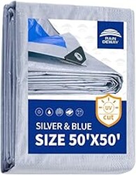 RAINDEWAY Large Tarps 50x50 Feet, 5.5 Mil - Multipurpose Waterproof Poly Tarp Cover with Metal Grommets and Reinforced Edges, Silver/Blue Tarp