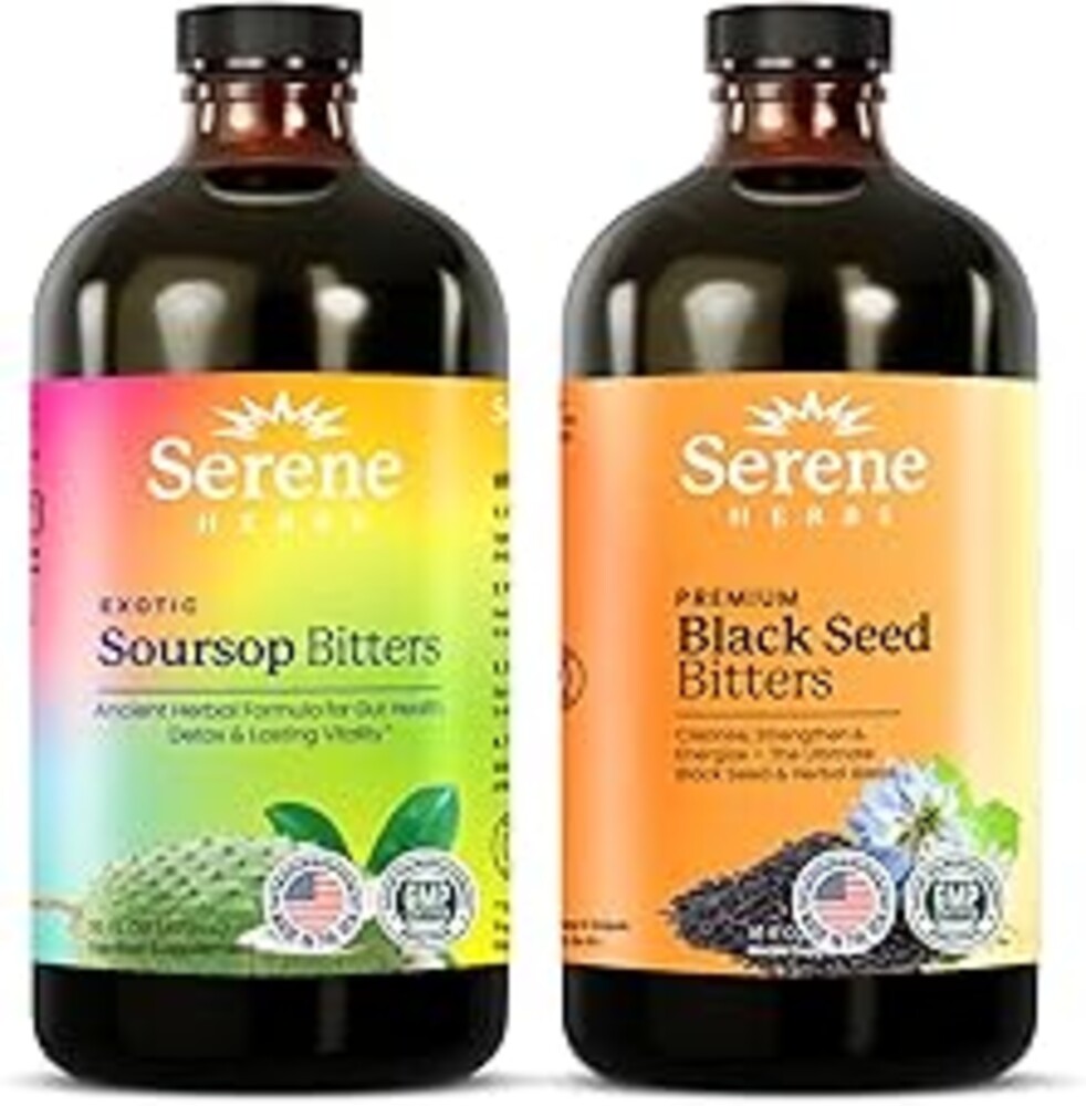 Serene Herbs Soursop Bitters Liquid & Black Seed Bundle – Organic Herbal Guanabana for Digestive Support & Immune Health – Vegan, Non-GMO – 32 oz (16 oz Each), 32 Servings