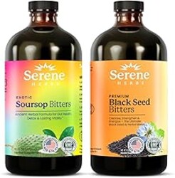 Serene Herbs Soursop Bitters Liquid & Black Seed Bundle – Organic Herbal Guanabana for Digestive Support & Immune Health – Vegan, Non-GMO – 32 oz (16 oz Each), 32 Servings