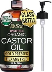 Ella & Eden Organic Castor Oil - Big 32 Fl Oz Glass Bottle - Cold-Pressed, Hexane-Free, USDA Certified, Unrefined & 100% Pure - For Hair Growth, Face, Skin