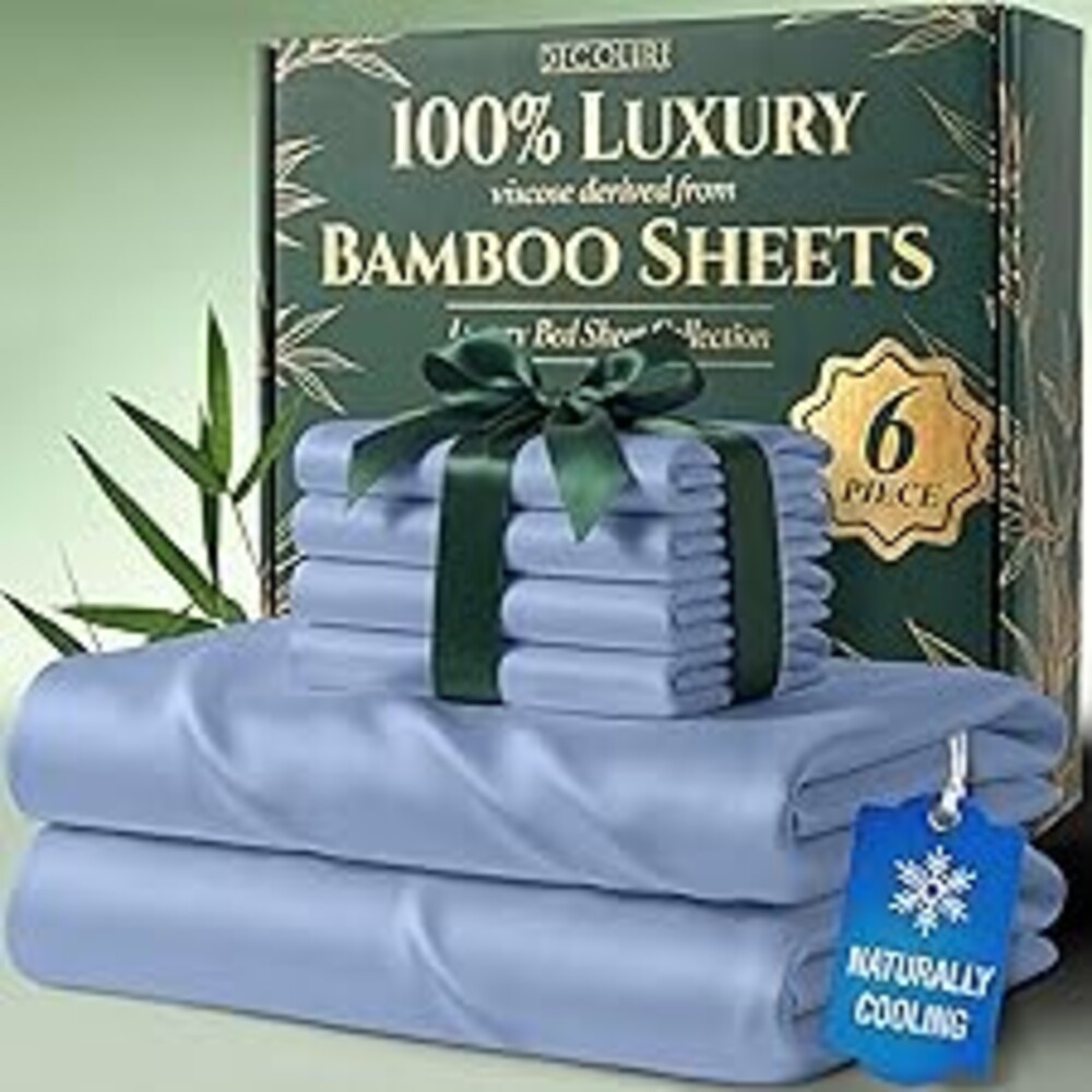DECOLURE 100% Viscose Derived from Bamboo Sheets King Size - Luxury 6 Pc Naturally Cooling Sheets, Ultra Soft Bed Set - Deep 17" Pockets, Durable Double Stitching, Oeko Tex Standard (Light Blue)