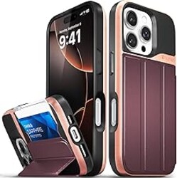 VENA vCommute for iPhone 16 Pro Wallet Case, [Military Grade Drop Protection] Flip Leather Cover Slot Card Holder with Kickstand - Red