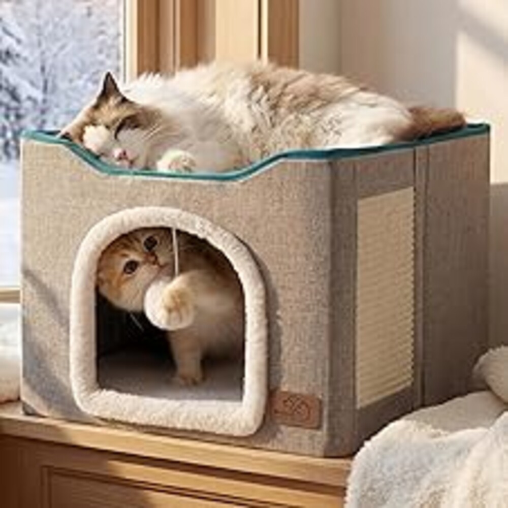 Bedsure Cat Beds for Indoor Cats - Large Cat Cave for Pet Cat House with Fluffy Ball Hanging and Scratch Pad, Foldable Cat Hideaway, 16.5x16.5x13 inches, Grey