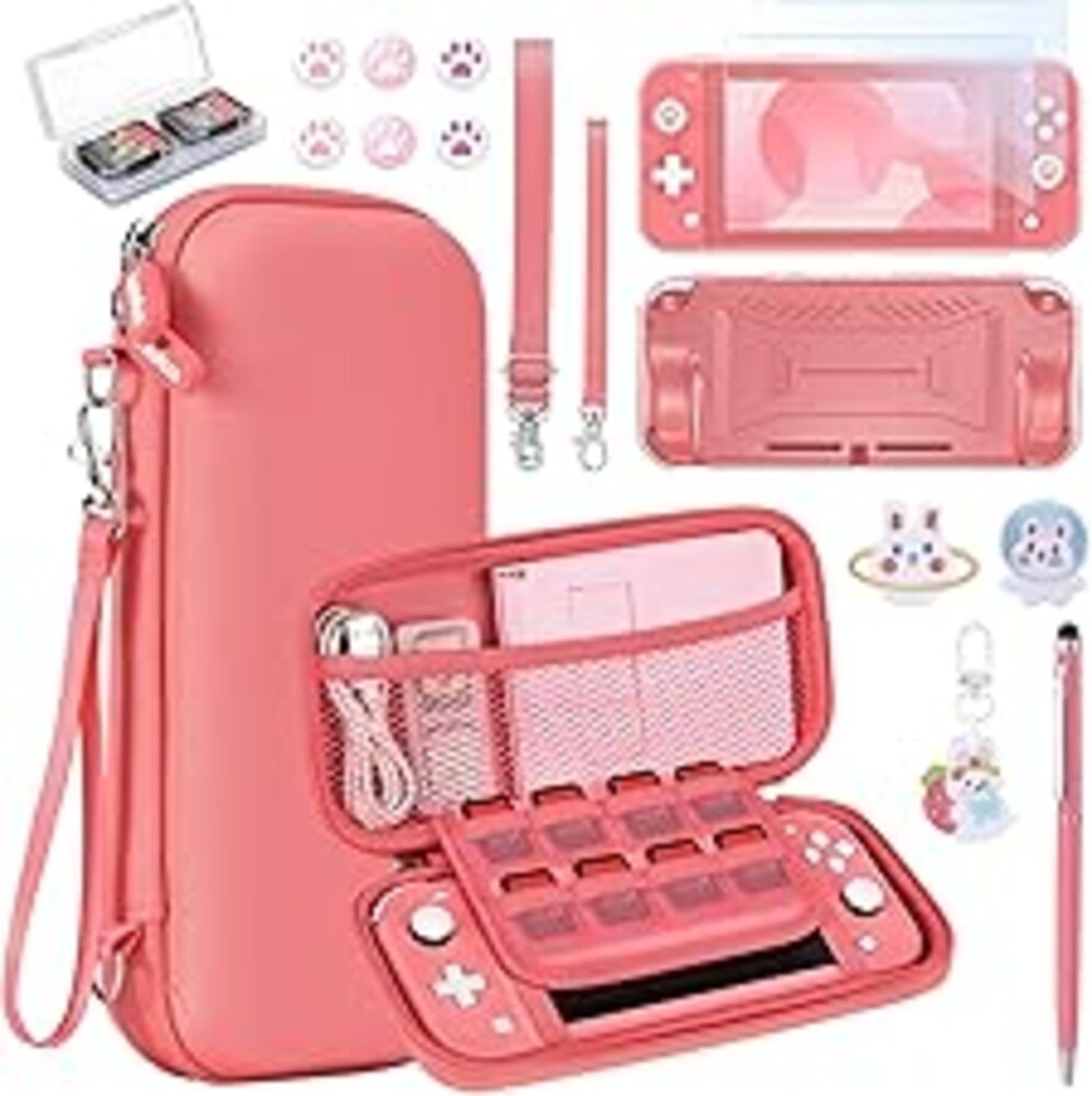 innoAura Switch Lite Case 18-in-1 Accessories Bundle for NS Switch Lite (2019), with Protective Carrying Case, Game Holder, Screen Protector & Cute Thumb Grips, Coral