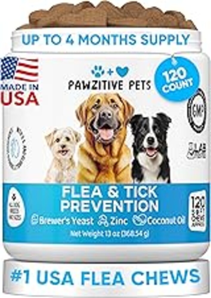 Chewable Flea and Tick Prevention for Dogs - 120 Soft Chews Made in USA - Oral Flea and Tick Control Pills for Small, Medium, Large Dogs and Puppies - Skin and Coat Supplement Treats for All Breeds