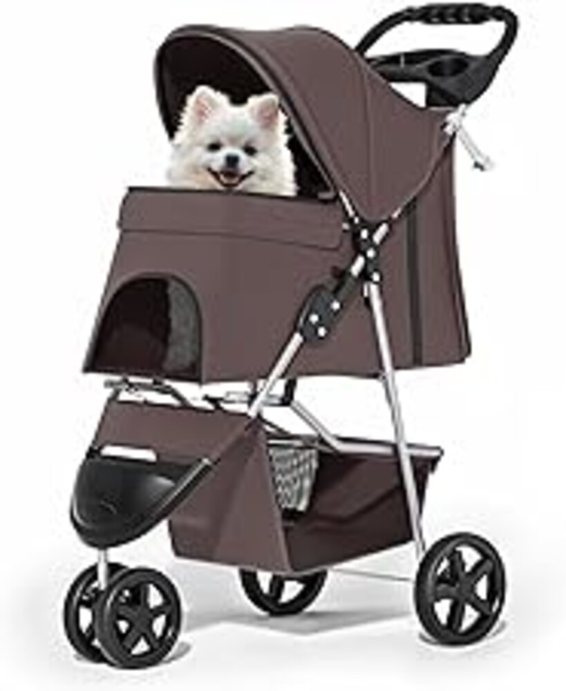 MoNiBloom Foldable Dog Strollers for Small Dogs with Weather Cover, 3 Wheels Pet Strolling Cart for Dogs and Cats with Storage Basket and Cup Holder, Breathable and Visible Mesh for All-Season, Coffee