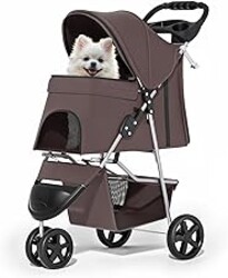 MoNiBloom Foldable Dog Strollers for Small Dogs with Weather Cover, 3 Wheels Pet Strolling Cart for Dogs and Cats with Storage Basket and Cup Holder, Breathable and Visible Mesh for All-Season, Coffee