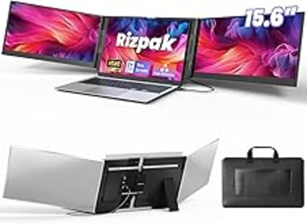 Rizpak One Cable Laptop Screen Extender, 15.6” Ultra-Slim Triple Portable Monitor, 1080P FHD IPS Display, USB-C/USB-A Connection, Travel Monitor for 13–17.3" Laptops, MacOS/Windows/Android