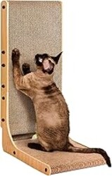 EHEYCIGA Cardboard Cat Scratcher for Indoor Cats, 26.8 Inch L Shaped Vertical Cat Scratching Board with Ball Cat Toy, Large Cat Scratcher Pad, Brown
