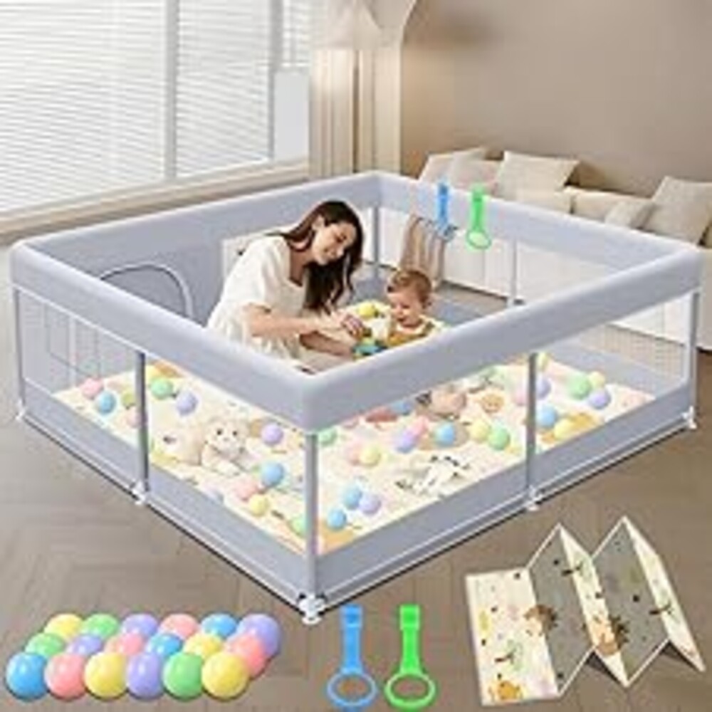 XVISHX Baby Playpen with Mat, 50x50 Inch Play Pen, Playpen for Babies and Toddlers, Baby Playard for Indoor & Outdoor Active Center Game Fence, with Skin-Friendly Fabric and Soft Breathable Mesh