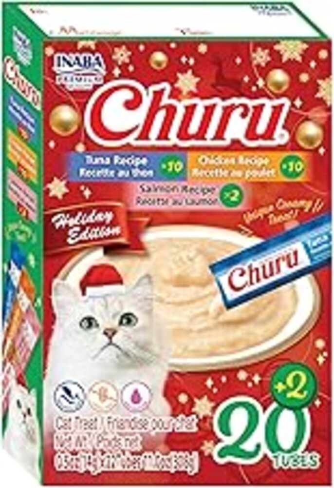 INABA Churu Cat Treats, Lickable, Squeezable Creamy Purée Cat Treat with Vitamin E, 0.5oz Each Tube, 22 Tubes, Holiday Variety Pack