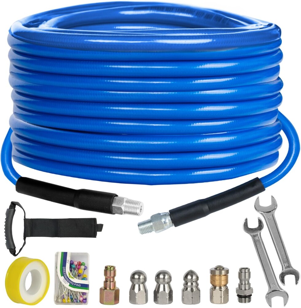 Xiny Tool Sewer Jetter Kit for Pressure Washer 50FT, 4000 PSI Drain Cleaner Hose 1/4 Inch NPT, Corner Rotating and Button Hose Sewer Jetting Nozzle Pearl Corsage Pin Tape Handle Strap Spanner, Blue