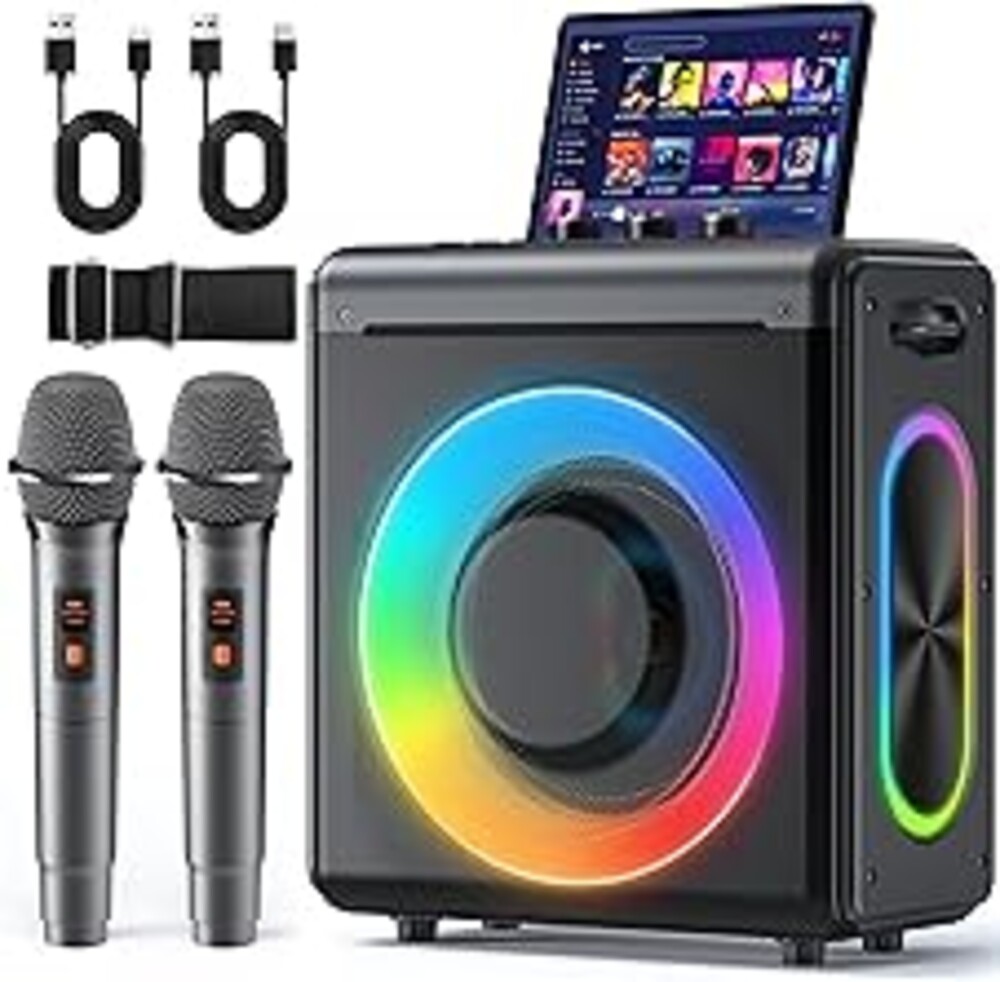 Karaoke Machine with 2 Wireless Rechargeable Microphones: Portable Bluetooth Speaker for Adults & Kids - PA System with Lights Supports TWS/TF Card/USB/AUX for Home Party