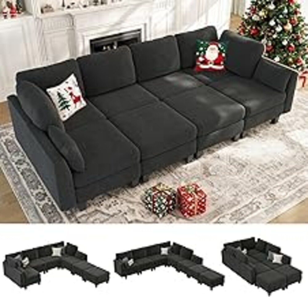 Dowiean Sectional Sleeper Sofa, 8 Seaters Modular Sleeper Sofa Couch, Comfy Sectionals Couches Bed, Convertible Sofas with Ottomans, Modular Sectional Couches for Living Room, Dark Grey