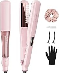 Wavytalk Steam Hair Straightener, Steam Sesh, Steam Reduces Damage, Nourishes Hair & Expedites Straightening, 1.38'' Nano Titanium Flat Iron with Detachable Comb for Silk Press Smoothing, Sakura Pink