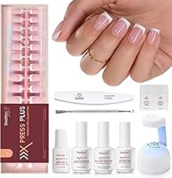 Beetles X Press Plus On Nails Kit-Short Square French Tip Press On Nails Kit with 150Pcs Pink French Nail Tips Nail Glue & Remover Builder Top Coat Nail Lamp,All-in-One DIY Fake Nails Gift for Women