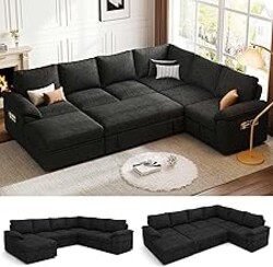 SUAWY 108 Inch Modular Sectional Sofa with Pull Out Bed, U Shaped 7 Seat Sectional Sleeper Sofa with Storage, Sectional Couches for Living Room,Cloud Modular Couch, Removable Sofa Cover, Black