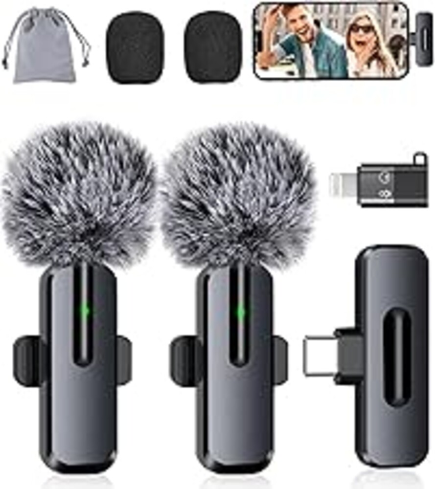 Wireless Mini Microphone for iPhone, Android - 2 Pack Lavalier Microphone for Video Recording, 2 In 1 Noise Reduction Lapel Mic for Ipad, Clip-on Mini Mic with USB-C for Content Creators Podcast