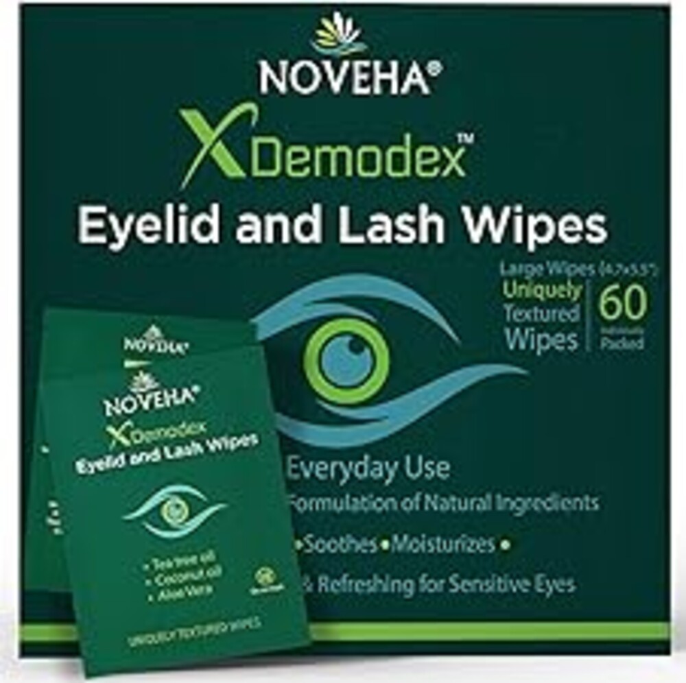 NOVEHA Demodex Eyelid & Lash Wipes | Box Of 60 Individually Wrapped Extra Strength Cleansing Eyelash Wipes - Battle Itchy & Irritated Eyes associated with Demodex Mites, Naturally Remove debris