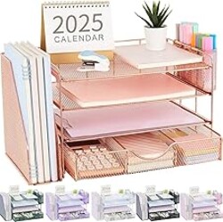 gianotter Desk Organizers and Accessories with File Holder, 4-Tier Desk Accessories & Workspace Organizers with Drawer and 2 Pen Holder, Paper Organizer for Office Supplies (Rose Gold)
