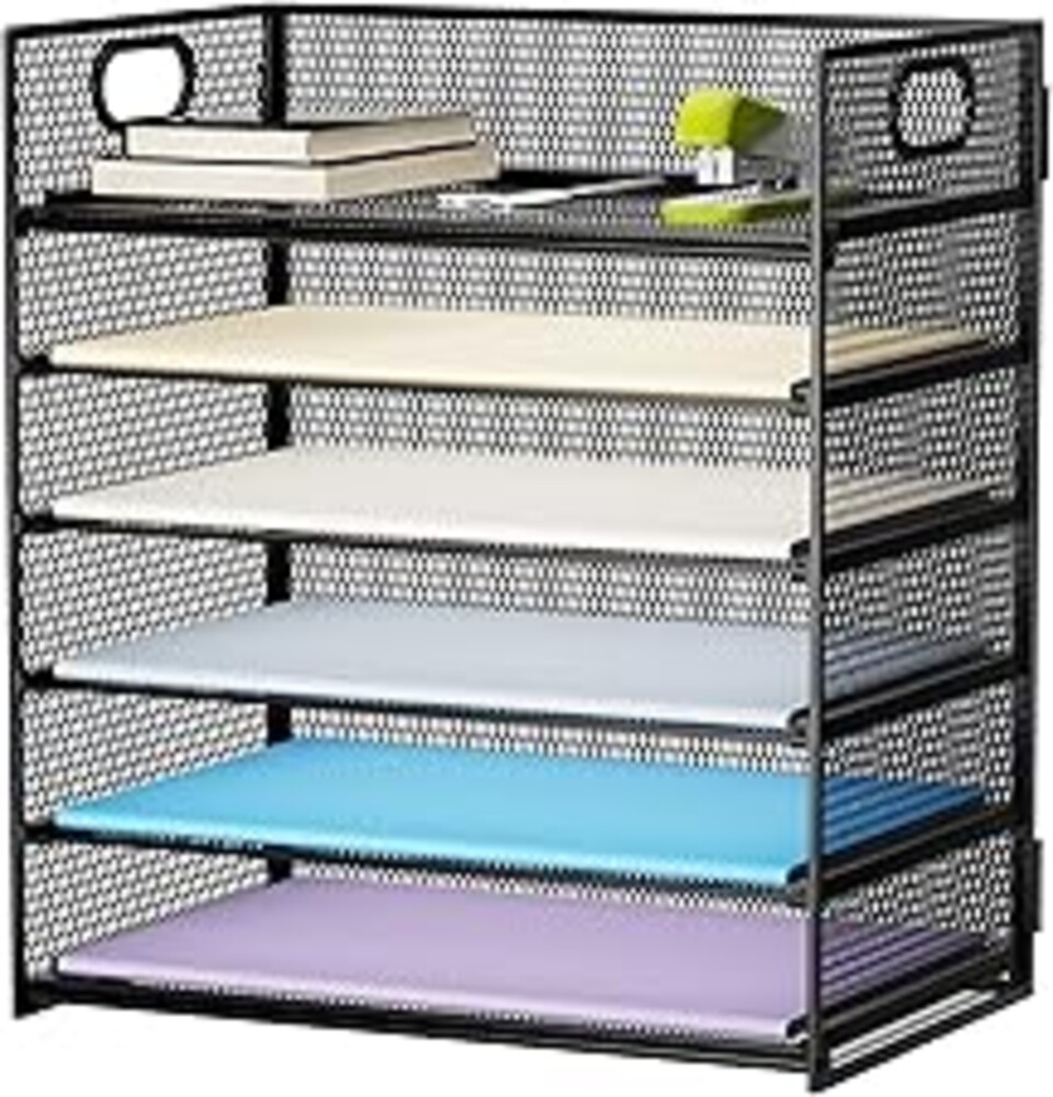 Marbrasse 6 Tier Paper Organizer Letter Tray - Mesh Desk File Organizer with Handle, Paper Sorter Organizer for Letter/A4 Office File Folder Holder - Black