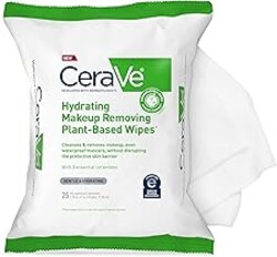 CeraVe Makeup Remover Wipes, Plant Based Face Wipes, Biodegradable in Compost, Waterless Face Wash, Travel Essentials for Women, Suitable for Sensitive Skin, Fragrance-free + Non-comedogenic, 25ct