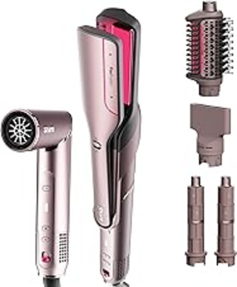 Shark FlexFusion Hair Straightener & Powerful Hair Dryer with Fusion Hair Brush, Ceramic Air Styler with Auto-Wrap Curlers & Concentrator, Ceramic Plates, Cosmic Blush HD641S