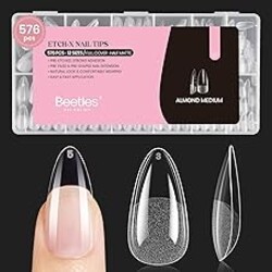 Beetles Medium Almond Nail Tips 576pcs 12 Sizes, Pre-Etched Soft Gel Nail Tips Half Matte Full Cover Press on False Nail Tips Clear Acrylic Nails Glue on Nails DIY Nail Extension Gift for Women