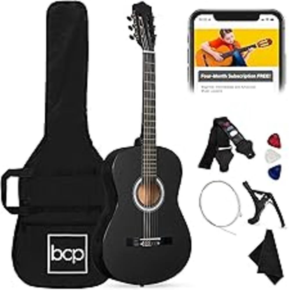 Best Choice Products 38in Beginner All Wood Acoustic Guitar Starter Kit w/Gig Bag, 6 Picks, Nylon Strings, Strap w/Pick Holder - Matte Black
