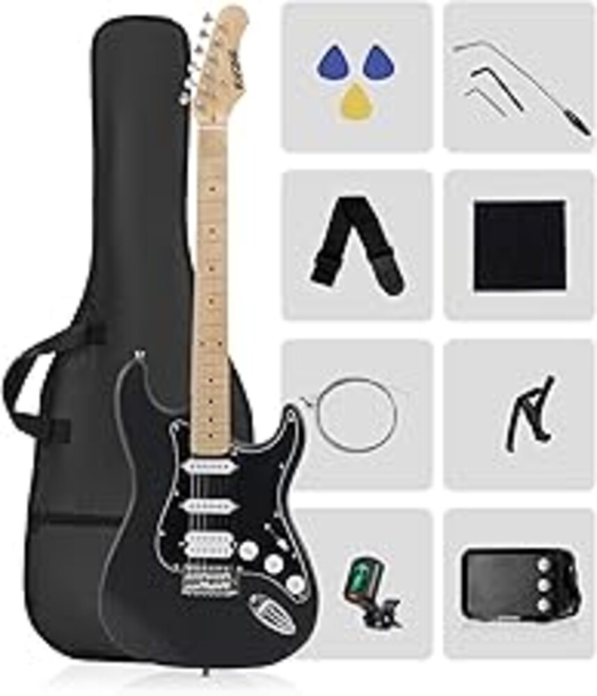 RVONE RST-150 39" Beginner Electric Guitar Kit with Amp & HSS Pickups | Complete Starter Set for Newcomers w/Essentials | Gig Bag, Extra Strings, Digital Tuner, Capo, Strap | Home Practice (Black)