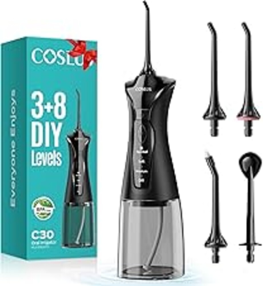 COSLUS Water Dental Flosser Pick for Teeth C30(FC5360): 4 Modes Cordless Portable 300ML Larger Tank Water Teeth Cleaner IPX7 Waterproof Flossing Cleaning Picks for Home Travel Black