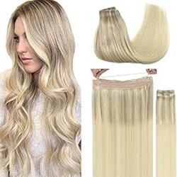 GOO GOO Wire Hair Extensions Human Hair, 17/22/60 Ash Blonde with Golden Blonde and Platinum Blonde Balayage 18inch 125g, Invisible Wire Hair Extensions with Transparent, Seamless Fish Line Hairpiece