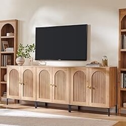 IFGET Modern TV Stands for 80 inch tvs, 92.63" W Wood Entertainment Center w/Adjustable Shelves, Mid Century Modern TV Stand w/Arched Fluted Doors, Media Console Cabinet for Living Room, Natural