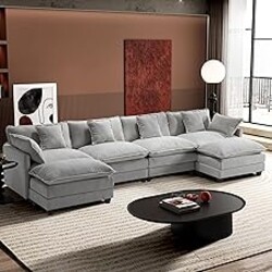 Ihanherry 146" U-Shaped Modern Sofa Modular Sectional Cloud Couch with 2 Ottoman, 6-Seat Chenille Deep Seat Sofa with 6 Pillows for Living Room, Bedroom and Apartment, Grey