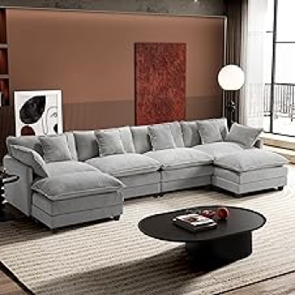 Ihanherry 146" U-Shaped Modern Sofa Modular Sectional Cloud Couch with 2 Ottoman, 6-Seat Chenille Deep Seat Sofa with 6 Pillows for Living Room, Bedroom and Apartment, Grey