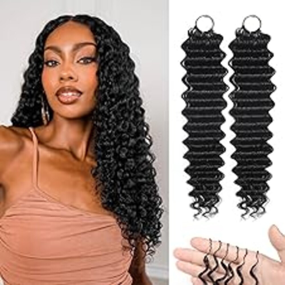 Human Crochet Hair for Black Women Deep wave Crochet Human Hair Bundles 18 Inch 50g Pre-Separated Feather Crochet Human Hair Deep Wavy Invisible Crochet Hair Extensions 40 Strands Natural Black