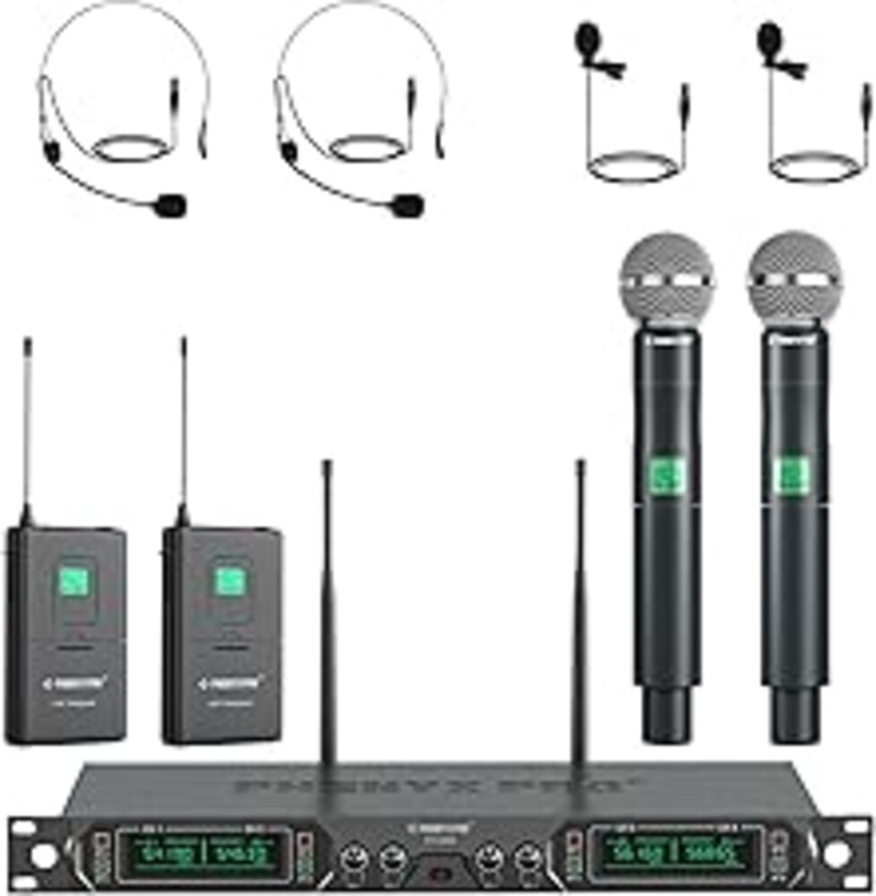 Phenyx Pro Wireless Microphone System, 4-Channel UHF Wireless Mic Set with Handheld/Bodypack/Headset/Lapel Mics, Fixed Frequency Metal Cordless Microphone for Church,Singing,DJ(PTU-5000-2H2B)