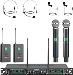 Phenyx Pro Wireless Microphone System, 4-Channel UHF Wireless Mic Set with Handheld/Bodypack/Headset/Lapel Mics, Fixed Frequency Metal Cordless Microphone for Church,Singing,DJ(PTU-5000-2H2B)