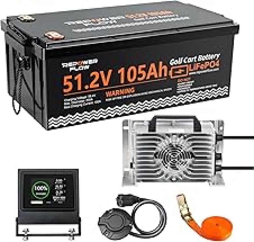 Repower Flow 48V 105Ah Lithium Golf Cart Battery,Dual Terminals Design,Built-in 250A Smart BMS & Bluetooth Monitor,Touch Screen,20A Fast Charger,6000+ Cycles, Perfect Upgrade for Club Car,Yamaha,EZGO