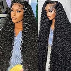 Nsvnsv 30 Inch 13x6 Deep Wave Lace Front Wigs Human Hair HD Full Lace Frontal Wigs Pre Plucked Bleached Knots 180% Density Deep Curly Human Hair Wig Natural Color