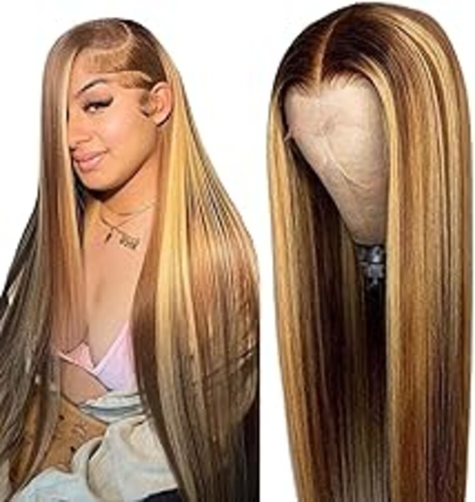 Cypha Ombre Lace Front Wig Human Hair 28inch 13x6 Straight Highlight Wig Human Hair 180% Density 4/27 Colored Honey Blonde HD Lace Frontal Wigs For Women Glueless Pre Plucked with Baby Hair