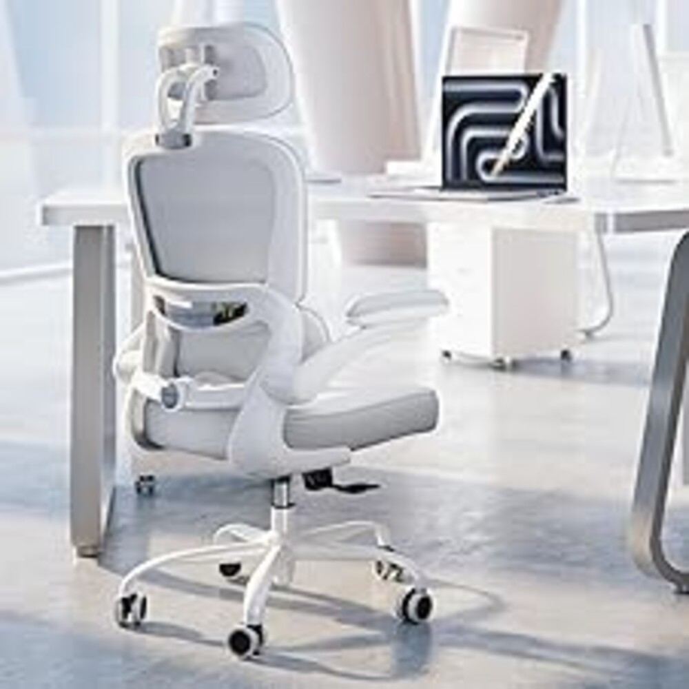 TRALT Ergonomic Office Chair - Desk Chair with Adjustable Headrest Lumbar Support Computer Chair - Mesh Comfy Chair with Flip-up Armrests - Gaming Chairs for Adults Home Office (Leather, White)