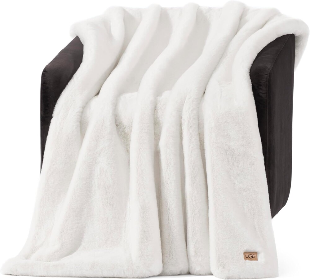 UGG Euphoria Faux Fur Throw Blanket, Warm Fluffy for Couch or Bed, Luxury Bedroom Decor, Blankets, Machine Washable, 50-inch x 70-inch, White Snow