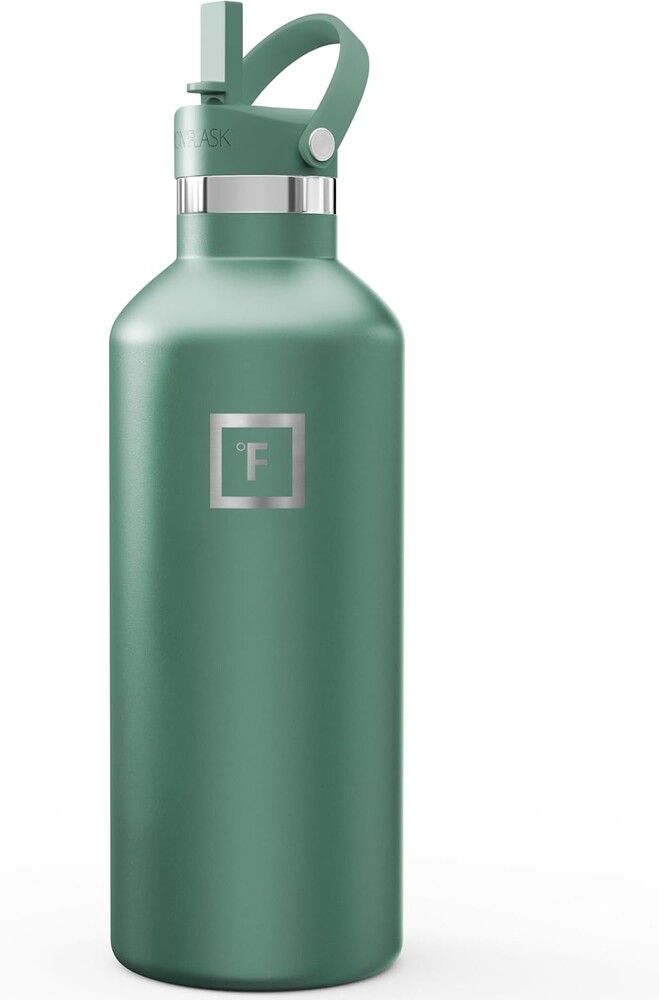 IRON °FLASK Camping & Hiking Hydration Flask with Straw, Narrow Mouth Insulated Stainless Steel Sports Water Bottle - Sage 32 oz - Straw (1 Lid)