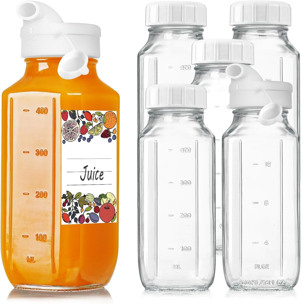 6 Pack 16 Oz Glass Juice Bottles with 2 Pour Spouts, 100% Airtight Heavy Duty SCREW Lid- Reusable Glass Milk Bottles w Scale Mark, Square Drinking Jar Juice Container Breast Milk Pitcher(Extra 2 Lid)