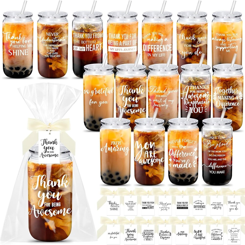 Skylety 16 Sets Employee Appreciation Gifts, 16 oz Reusable Plastic Cups with Lids, Straws, Bow Cards and Opp Bags, Thank You Gift for Office Staff, Coworker, Teacher, Team(Proud)