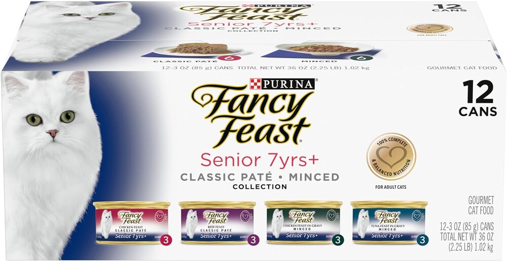 Purina Fancy Feast High Protein Senior Wet Cat Food Variety Pack, Senior 7+ Chicken, Beef & Tuna Feasts - (2 Packs of 12) 3 oz. Cans